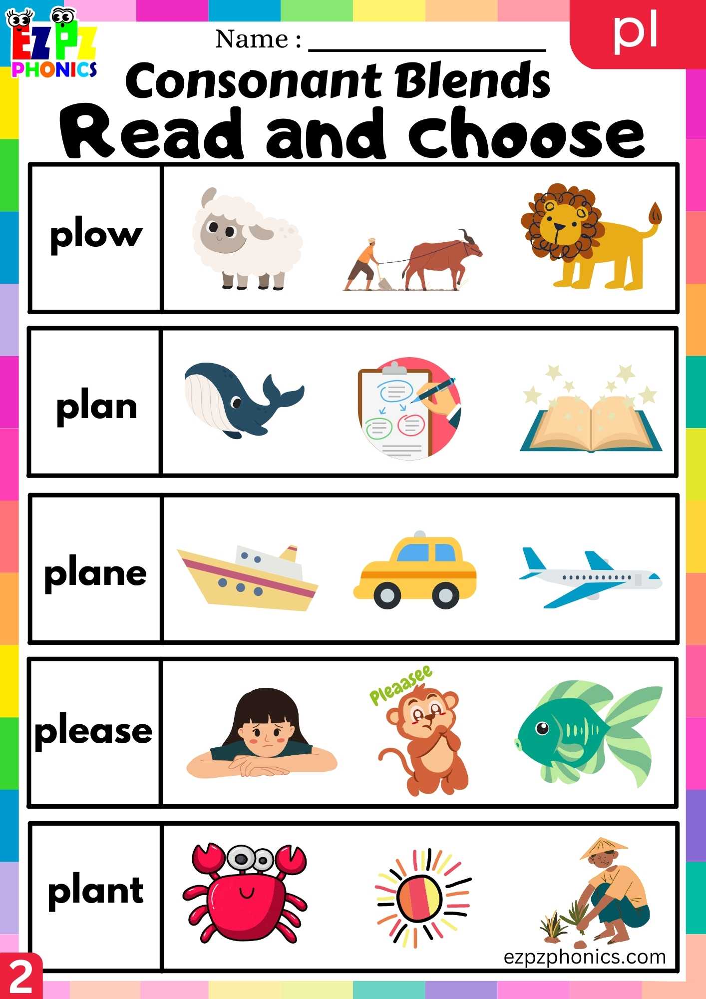 Group2 PL Words Read And Choose Phonics Consonant Blends Worksheet